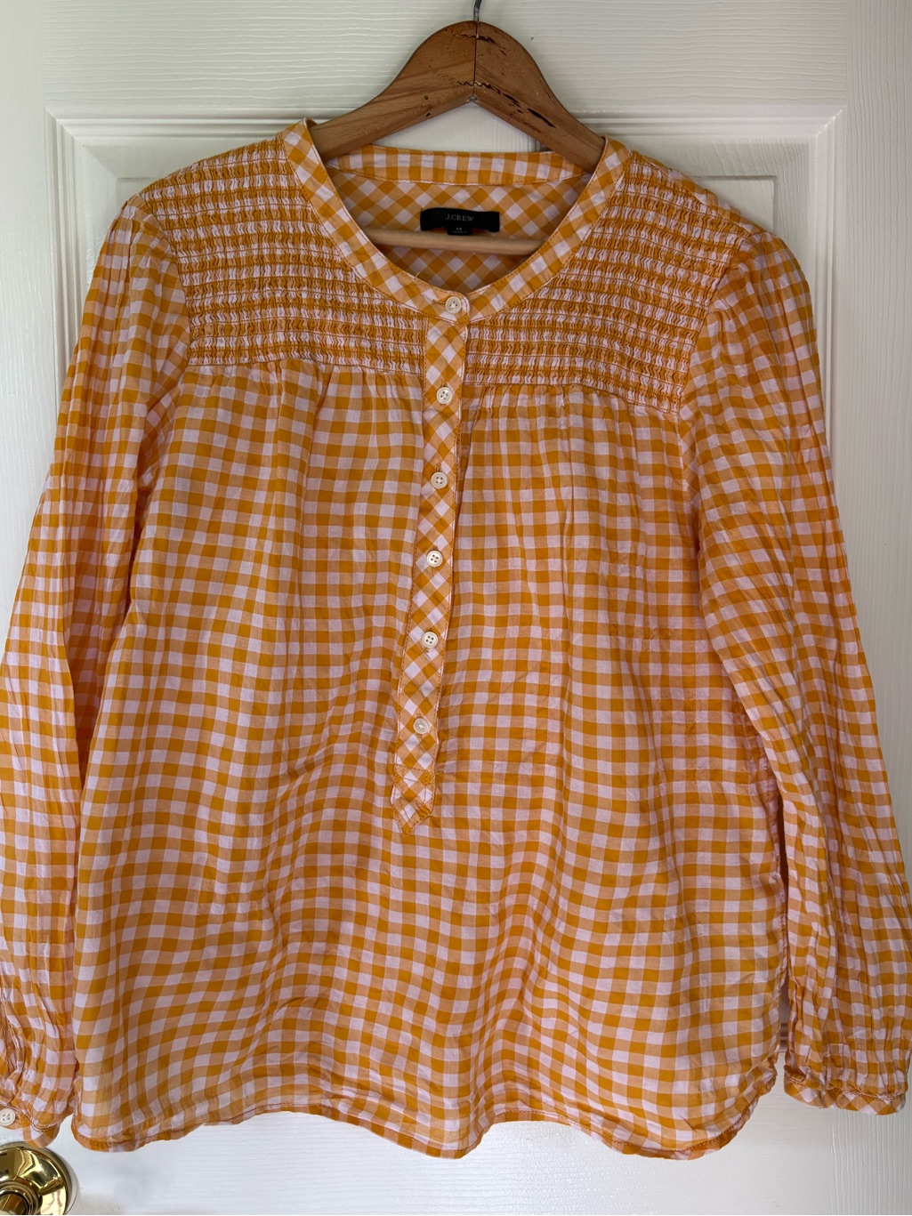 J. Crew Golden Yellow And White Gingham Smocked Button-Front Blouse